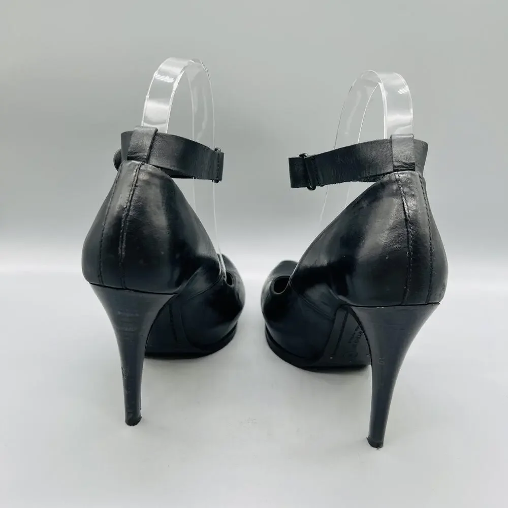 AllSaints Shoes Womens 7 Black Leather Ankle Strap Round Toe Stiletto Pumps